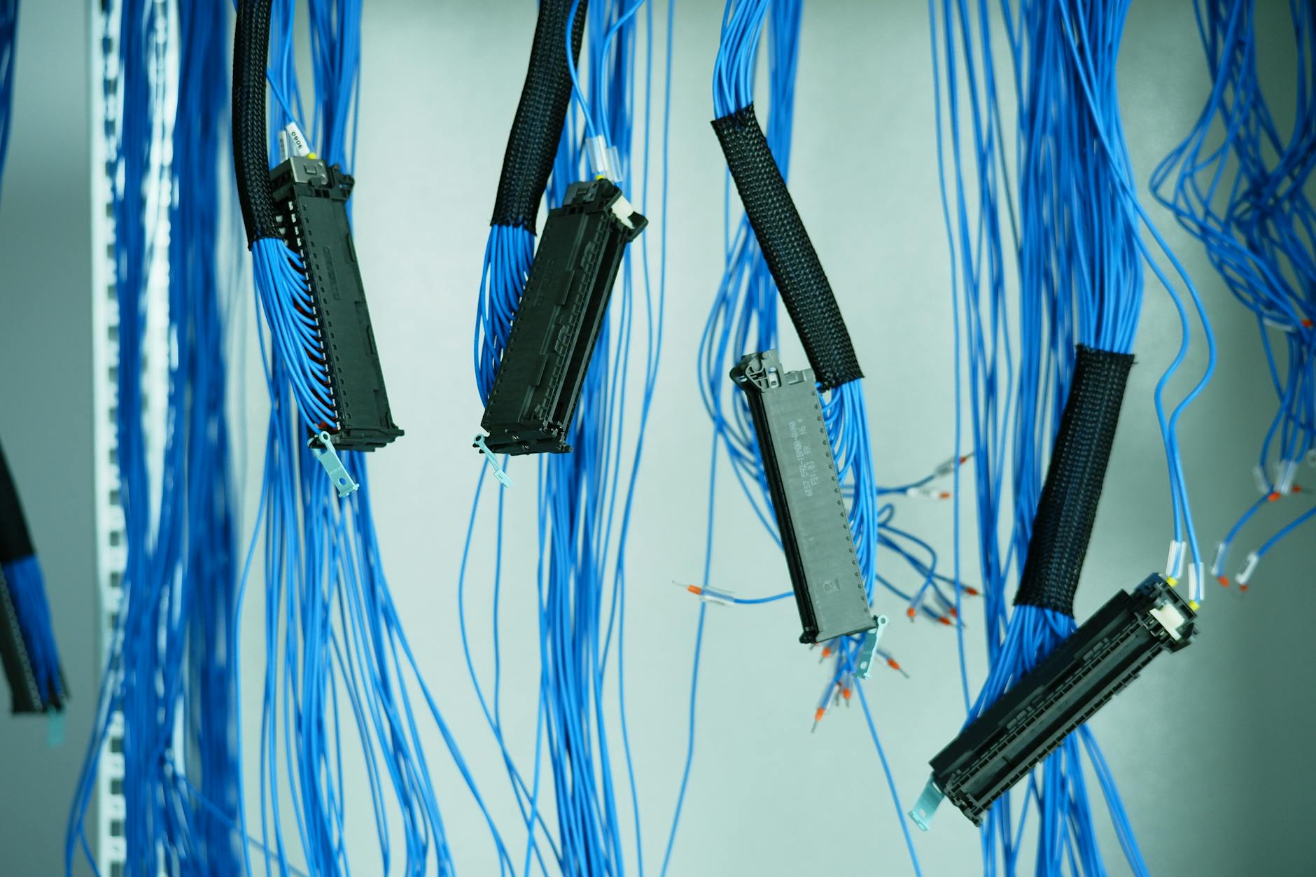 Niebieskie kable ethernet zwisające w szafie serwerowej